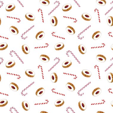 Berry reçel ve çizgili şeker kamışı ile yuvarlak kurabiye ile Seamless modeli. İşaretleri ve suluboya ile beyaz arka plan üzerinde çizilmiş.