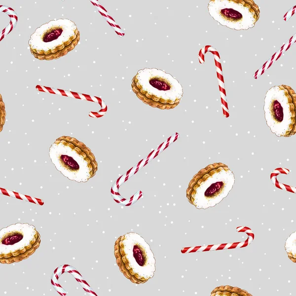 Seamless pattern with round cookies with berry jam and a striped candy cane. Hand-drawn with markers and watercolors on gray background with white snow dots.