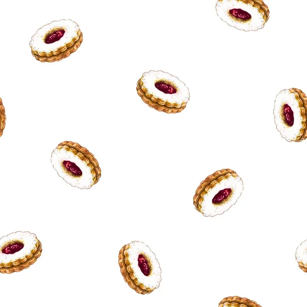 Seamless pattern with round cookies with berry jam. Hand-drawn with markers and watercolors on on white background.