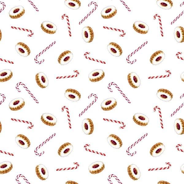 Seamless pattern with round cookies with berry jam and a striped candy cane. Hand-drawn with markers and watercolors on on white background.