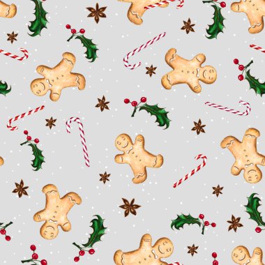 Zencefilli kurabiye adam, şeker kamışı, anason star ve holly ile Seamless modeli. Gri arka plan beyaz kar noktalı. Resimde el işaretleri ve suluboya ile çizilir.