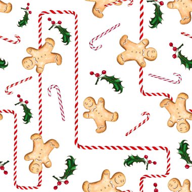 Zencefilli kurabiye adam, şeker kamışı ve holly ile Seamless modeli. Labirent çizgili şeker. El ile çizilen illüstrasyon.