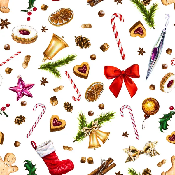 白い背景の上の冬の休日属性を持つお祭りのシームレスなパターン ジンジャーブレッド クッキー キャンデー杖 お菓子 ナッツ 赤いリボン グッズのイラスト マーカー 水彩による手描き — ストック写真