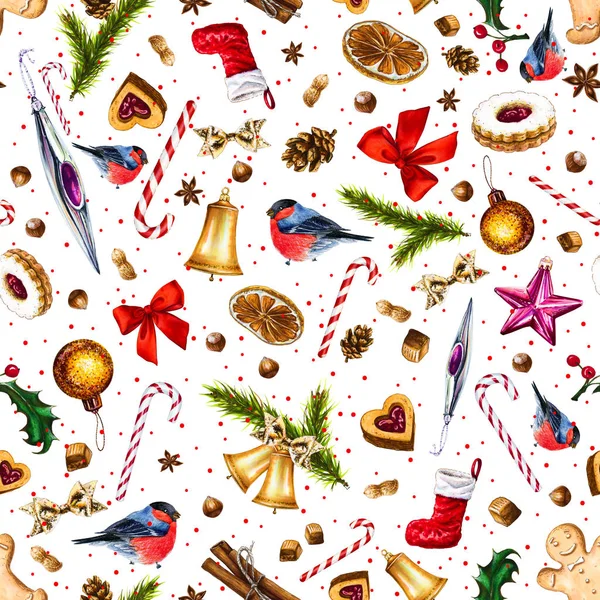 白の背景に赤いドットの冬の休日属性でお祭りのシームレスなパターン ジンジャーブレッド クッキー キャンデー杖 お菓子 ナッツ 赤いリボン ベルのイラスト マーカー 水彩による手描き — ストック写真