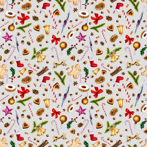 Festive Seamless Pattern Winter Holiday Attributes Gray Background White Snow — Stock Photo, Image