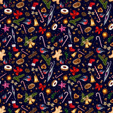 Beyaz kar noktalı koyu mavi zemin üzerine kış tatil özniteliklerle şenlikli seamless modeli. Gingerbread, şakrak kuşu, kurabiye, şeker kamışı, tatlılar, fındık, kırmızı yay, bell Illustration. İşaretçileri, suluboya tarafından çizilmiş. 