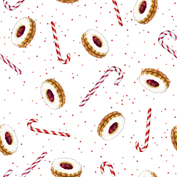 Seamless pattern with round cookies with berry jam and a striped candy cane. Hand-drawn with markers and watercolors on white background with red dots.