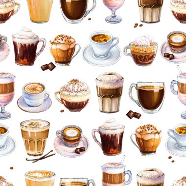 Beyaz arka plan üzerinde farklı kahve içecekler ile Seamless modeli. Espresso, latte ve americano, cappuccino ve diğer lezzetli kahve Illustration. İşaretçileri, suluboya tarafından çizilmiş.