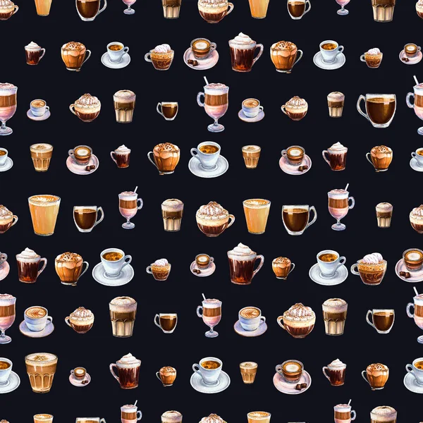 Seamless pattern with different coffee drinks on dark background. Illustration of espresso, latte and americano, cappuccino and other tasty coffee. Hand-drawn by markers, watercolor.