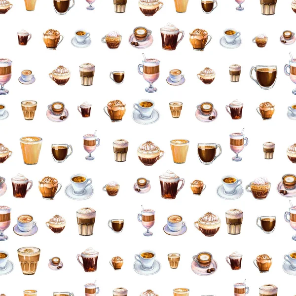 无缝模式与不同的咖啡饮料在白色背景 浓咖啡 拿铁和美式咖啡 卡布奇诺咖啡和其他美味咖啡的插图 由标记 水彩画手绘 — 图库照片