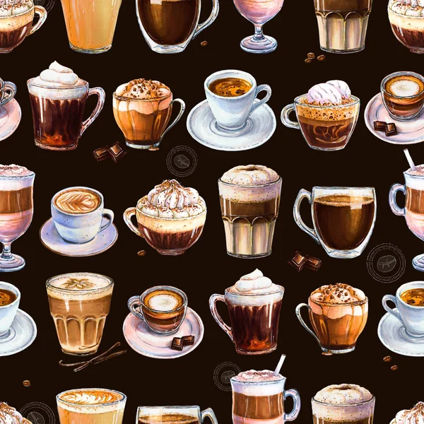 暗い背景に別のコーヒー飲料とのシームレスなパターン エスプレッソ アメリカーノ カプチーノ その他おいしいコーヒーのイラスト マーカー 水彩による手描き — ストック写真