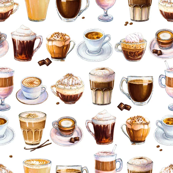 Seamless pattern with different coffee drinks on white background. Illustration of espresso, latte and americano, cappuccino and other tasty coffee. Hand-drawn by markers, watercolor.