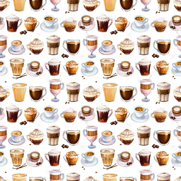 Seamless Mönster Med Olika Kaffedrinkar Vit Bakgrund Illustration Americano Espresso — Stockfoto