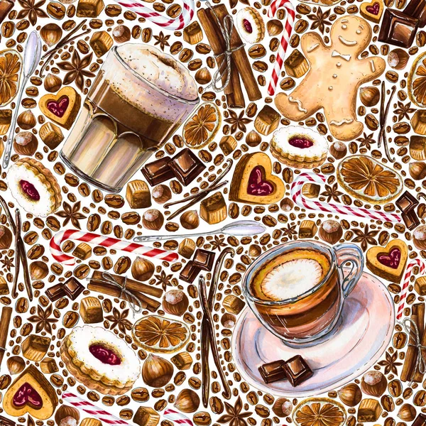 Seamless Mönster Med Olika Kaffedrinkar Och Godis Vit Bakgrund Illustration — Stockfoto