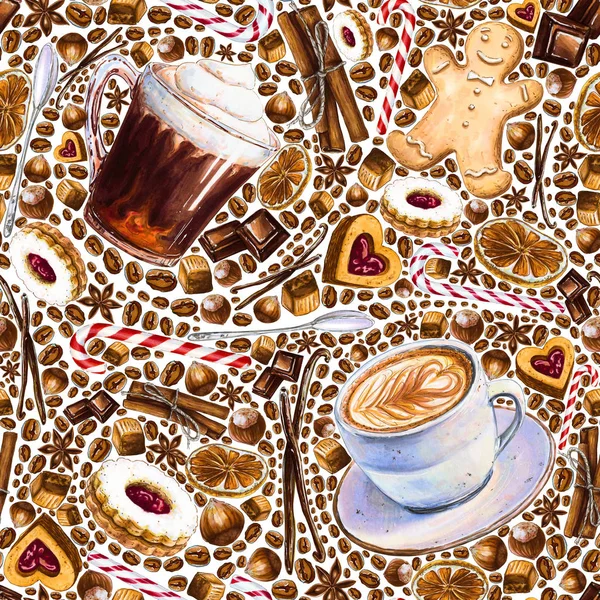 Seamless pattern with different coffee drinks and sweets on white background. Illustration of espresso, latte, americano, cookies and candy. Hand-drawn by markers, watercolor.