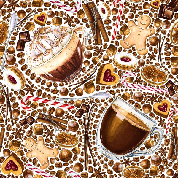 別のコーヒー飲料と白い背景の上のお菓子のシームレスなパターン エスプレッソ アメリカーノ クッキー キャンディのイラスト マーカー 水彩による手描き — ストック写真