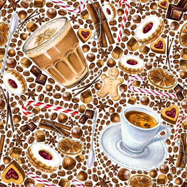 別のコーヒー飲料と白い背景の上のお菓子のシームレスなパターン エスプレッソ アメリカーノ クッキー キャンディのイラスト マーカー 水彩による手描き — ストック写真