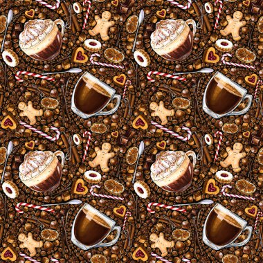 Farklı kahve içecek ve tatlılar koyu arka plan üzerinde ile Seamless modeli. Viyana kahve, armericano, kurabiye ve şeker Illustration. İşaretçileri, suluboya tarafından çizilmiş.