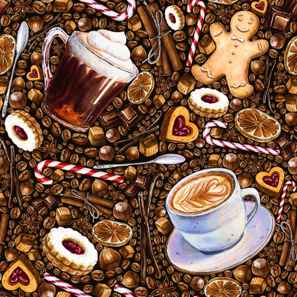 Modello Senza Soluzione Continuità Con Diverse Bevande Caffè Dolci Sfondo — Foto Stock