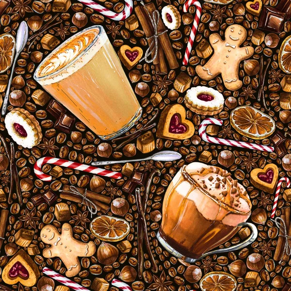 Naadloze Patroon Met Verschillende Koffie Drinken Snoep Donkere Achtergrond Illustratie — Stockfoto