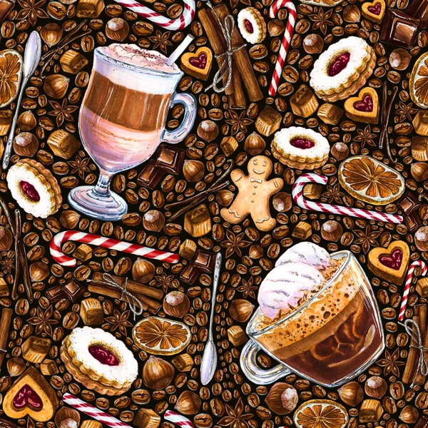 別のコーヒー飲料とお菓子暗い背景にシームレス パターン カフェラテ コーヒーのアイスクリーム クッキー キャンデー 砂糖漬けのイラスト マーカー 水彩による手描き — ストック写真