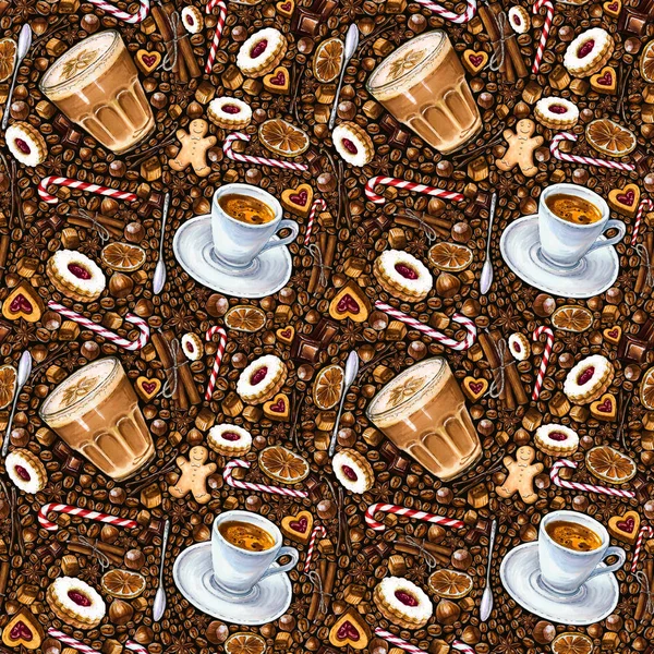 別のコーヒー飲料とお菓子暗い背景にシームレス パターン エスプレッソ Raf コーヒー クッキー キャンディのイラスト マーカー 水彩による手描き — ストック写真