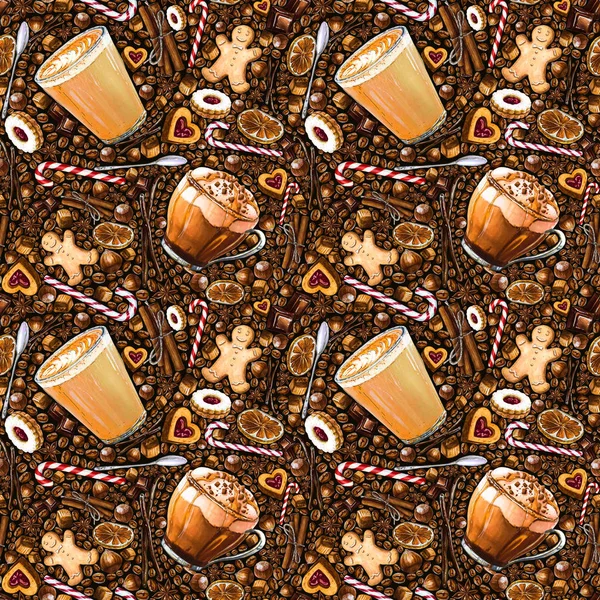 別のコーヒー飲料とお菓子暗い背景にシームレス パターン フラット ホワイト モカのコーヒー クッキー キャンディのイラスト マーカー 水彩による手描き — ストック写真