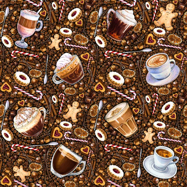 別のコーヒー飲料とお菓子暗い背景にシームレス パターン ウィーンのコーヒー Armericano カプチーノ クッキー キャンディのイラスト マーカー 水彩による手描き — ストック写真