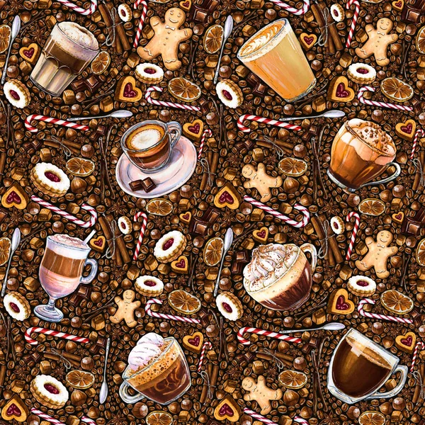 Seamless pattern with different coffee drinks and sweets on white background. Illustration of viennese coffee, armericano and latte, glace, cookies and candy. Hand-drawn by markers, watercolor.
