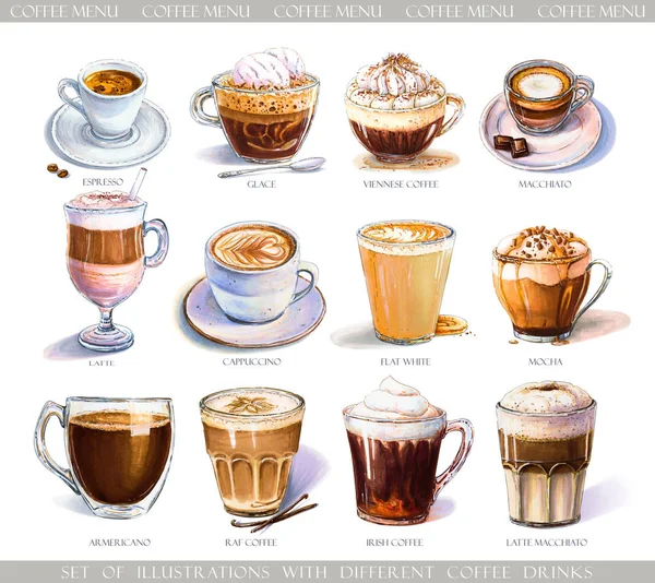 カフェや喫茶店のメニューの異なるコーヒー ドリンクのセットします 強いエスプレッソ 穏やかなラテ 甘いマキアート カプチーノ ウィーン コーヒーやアイス クリームと砂糖漬けのイラスト マーカー — ストック写真