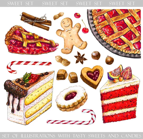 Drawing set with tasty sweets and candies for design. Piece of cherry pie, biscuit with cream and red velvet cake, toffee, nuts and gingerbread. Markers, watercolor.