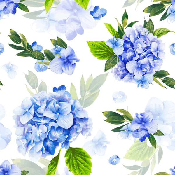 Vector Sömlösa Mönster Blommande Blå Hortensia Och Grönt Bladverk Illustration — Stock vektor