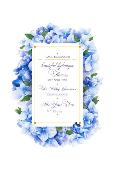 用于婚礼邀请的花卉矢量模板 以蓝色问候背景 框架与美丽的花朵 绣球花和叶子的组成 — 图库矢量图片