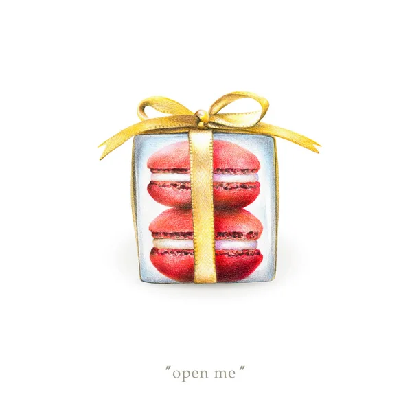 Two red macaroons in a transparent box with a gold bow isolated on white background.  Illustration for Valentine's Day, banner for promo actions, offers, sales and other.