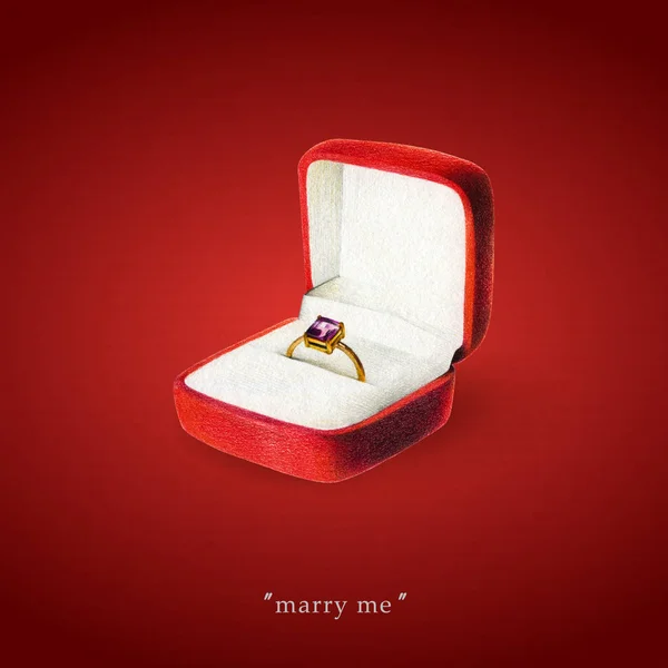 Golden engagement ring with a diamond in a red box on red background. Illustration for Valentine\'s Day, banner for promo actions, offers, sales and other.