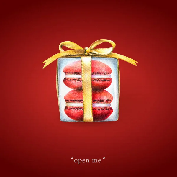 Two red macaroons in a transparent box with a gold bow on red background. Illustration for Valentine's Day, banner for promo actions, offers, sales and other.
