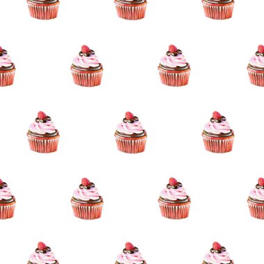 Kırmızı cupcake krema, çikolata ve beyaz arka plan üzerinde izole ahududu ile Seamless modeli. Tekstil, kağıt, duvar kağıdı ve diğer tasarım kaydırma için kullanın. Renkli kalemler ile çizim.