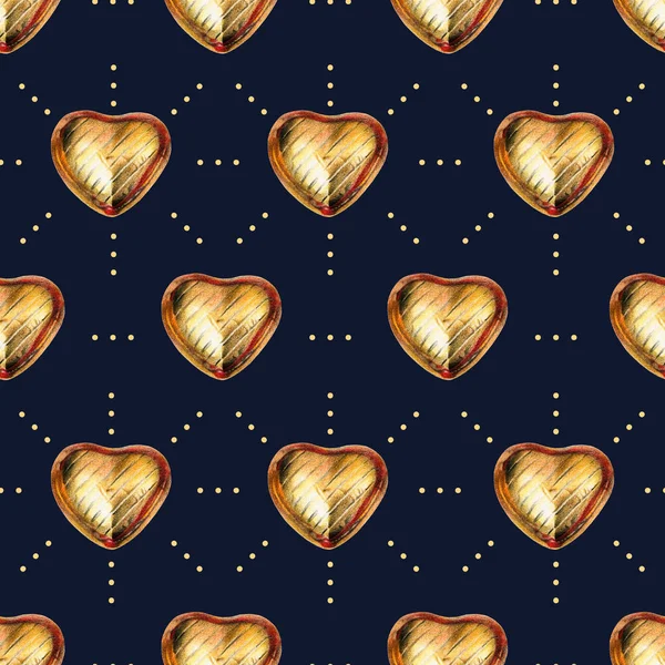 Seamless pattern with chocolate heart in gold foil on dark blue background. Use for textile, wrapping paper, wallpaper, and other design. Drawing with colorful pencils.