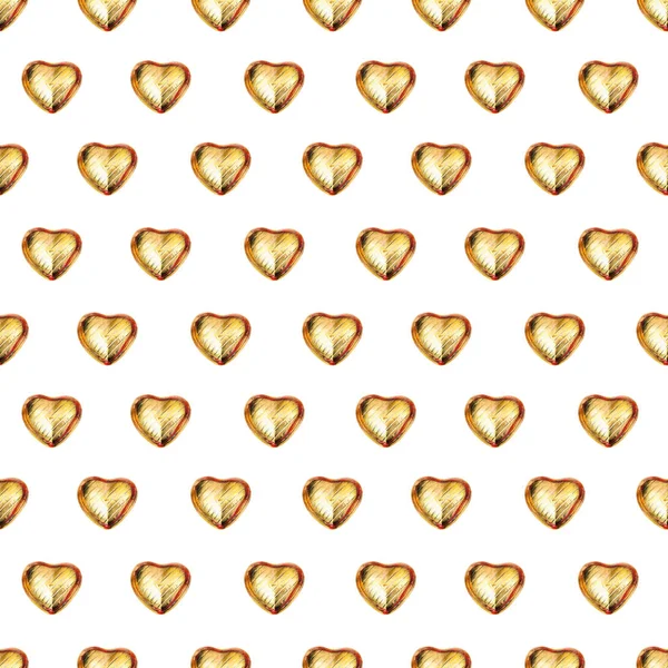 无缝的样式与巧克力心脏在金箔在白色背景 用于纺织 包装纸 墙纸等设计 用五颜六色的铅笔画画 — 图库照片
