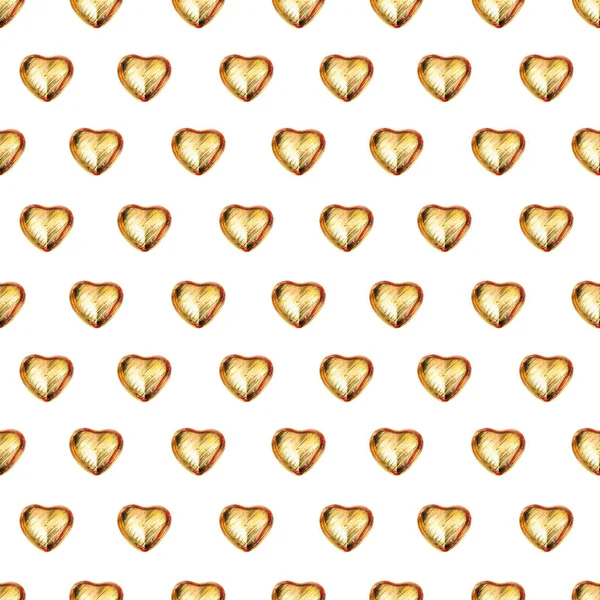 Seamless pattern with chocolate heart in gold foil on white background. Use for textile, wrapping paper, wallpaper, and other design. Drawing with colorful pencils.