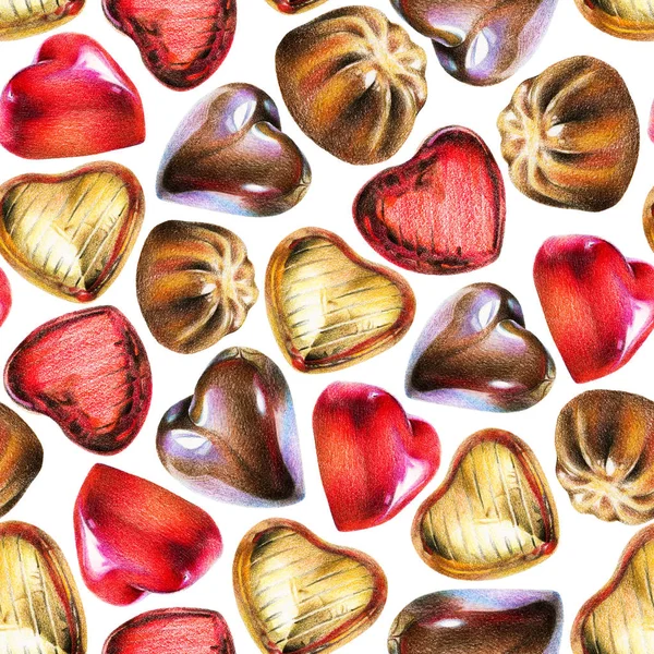 Seamless pattern with chocolate heart in gold and red foil, red glaze. Use for textile, wrapping paper, wallpaper, and other design. Drawing with colorful pencils.