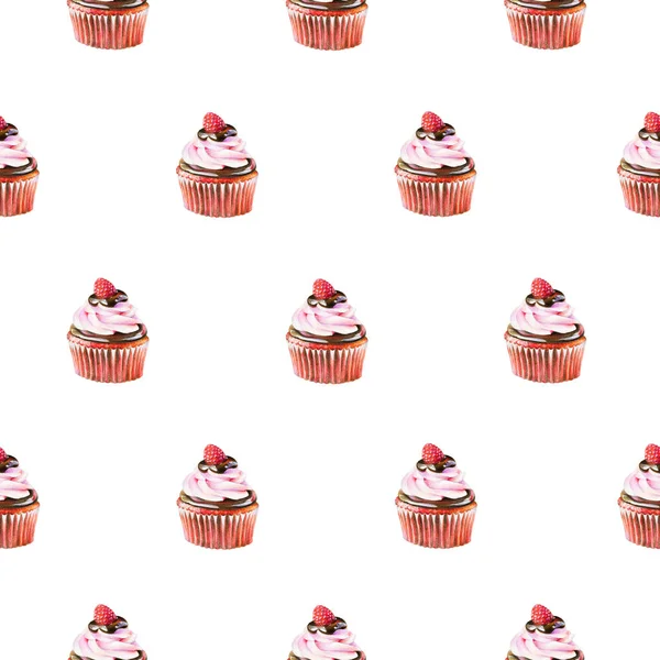 Seamless Pattern Red Cupcake Cream Chocolate Raspberry Isolated White Background — Stock Photo, Image