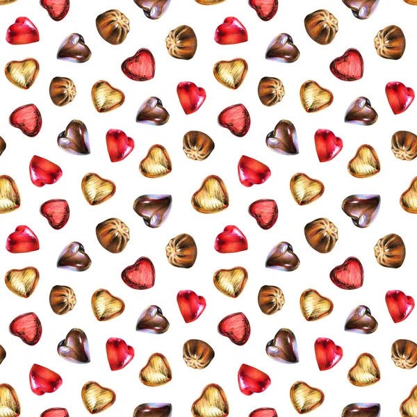 Padrão Sem Costura Com Coração Chocolate Ouro Folha Vermelha Esmalte — Fotografia de Stock