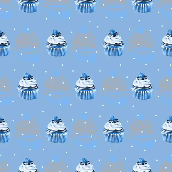 Bezproblémové Vzor Modré Košíčky Smetanou Čokoládou Malinovou Izolovaných Bílém Pozadí — Stock fotografie