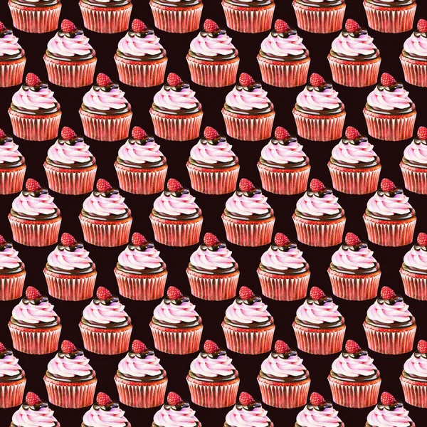 Nahtloses Muster Aus Rotem Cupcake Mit Sahne Schokolade Und Himbeere — Stockfoto