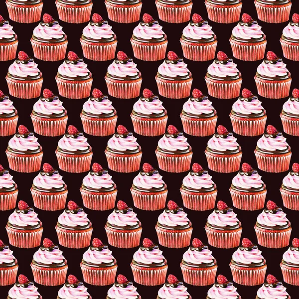 Padrão Sem Costura Cupcake Vermelho Com Creme Chocolate Framboesa Isolado — Fotografia de Stock