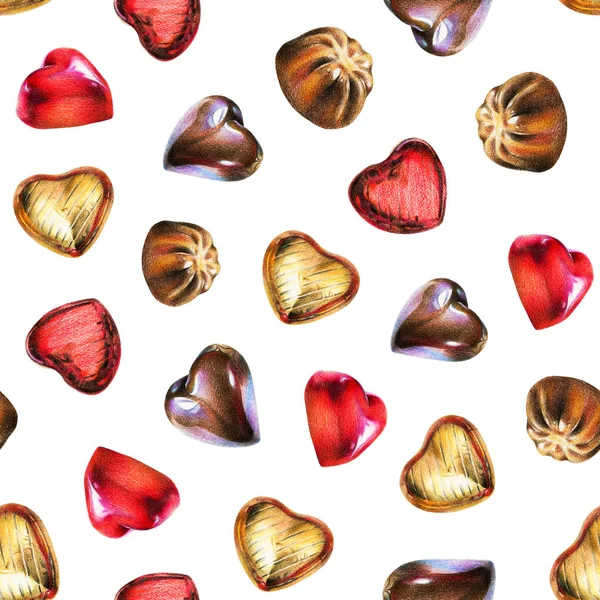 Seamless pattern with chocolate heart in gold and red foil, red glaze. Use for textile, wrapping paper, wallpaper, and other design. Drawing with colorful pencils.