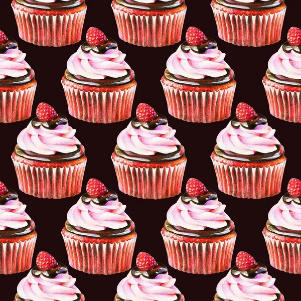 Seamless Pattern Red Cupcake Cream Chocolate Raspberry Isolated Black Background — Stock Photo, Image