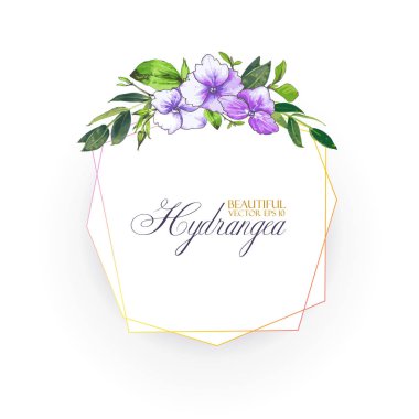 Düğün davetiyesi, mor ve Lila renk şablonu tebrik için ortanca çiçek vektör arka plan. Güzel çiçekler, ortanca ve yaprakları geometrik çerçeveyle.