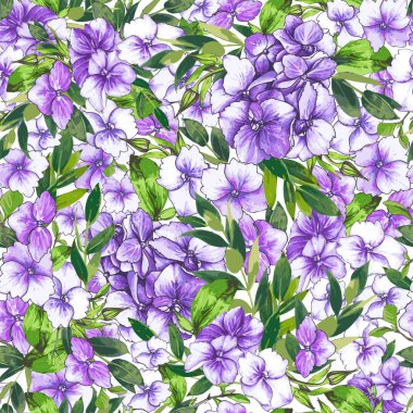 Vektör seamless modeli, ortanca çiçek mor, mor ve yeşil yeşillik. Resimde beyaz zemin üzerine çiçek kompozisyon ile. Tekstil, iç mekan, ambalaj kağıdı ve diğer tasarım kullanın.